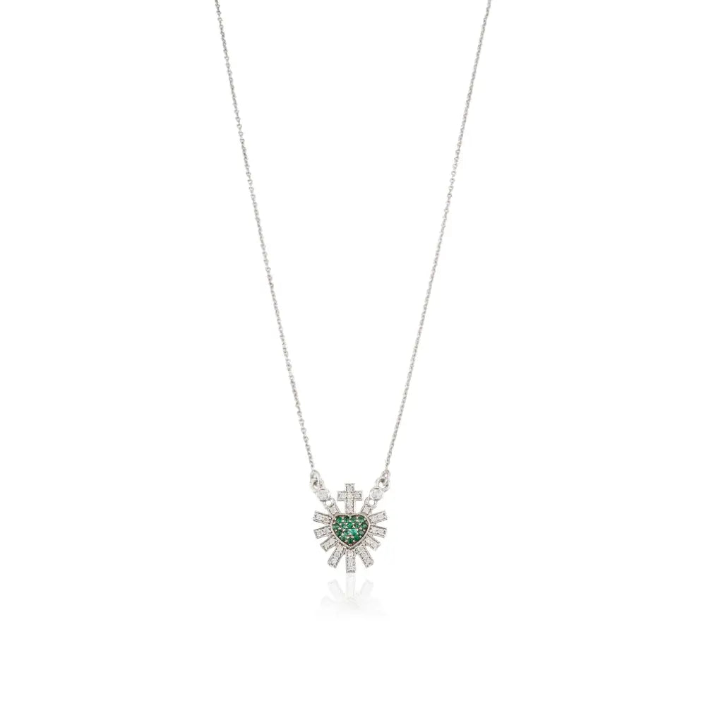 Emerald & Diamond Sacred Heart Sunburst Pendant Necklace For Women 14K Solid White Gold