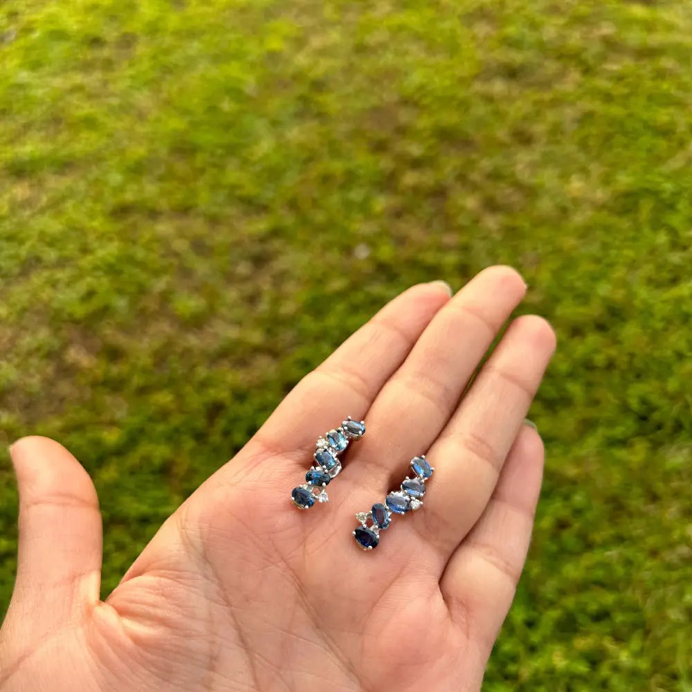 Oval Cut Blue Sapphire & Round Cut American Diamond Cuff Earrings Wholesale 925 Sterling Silver Jewelry