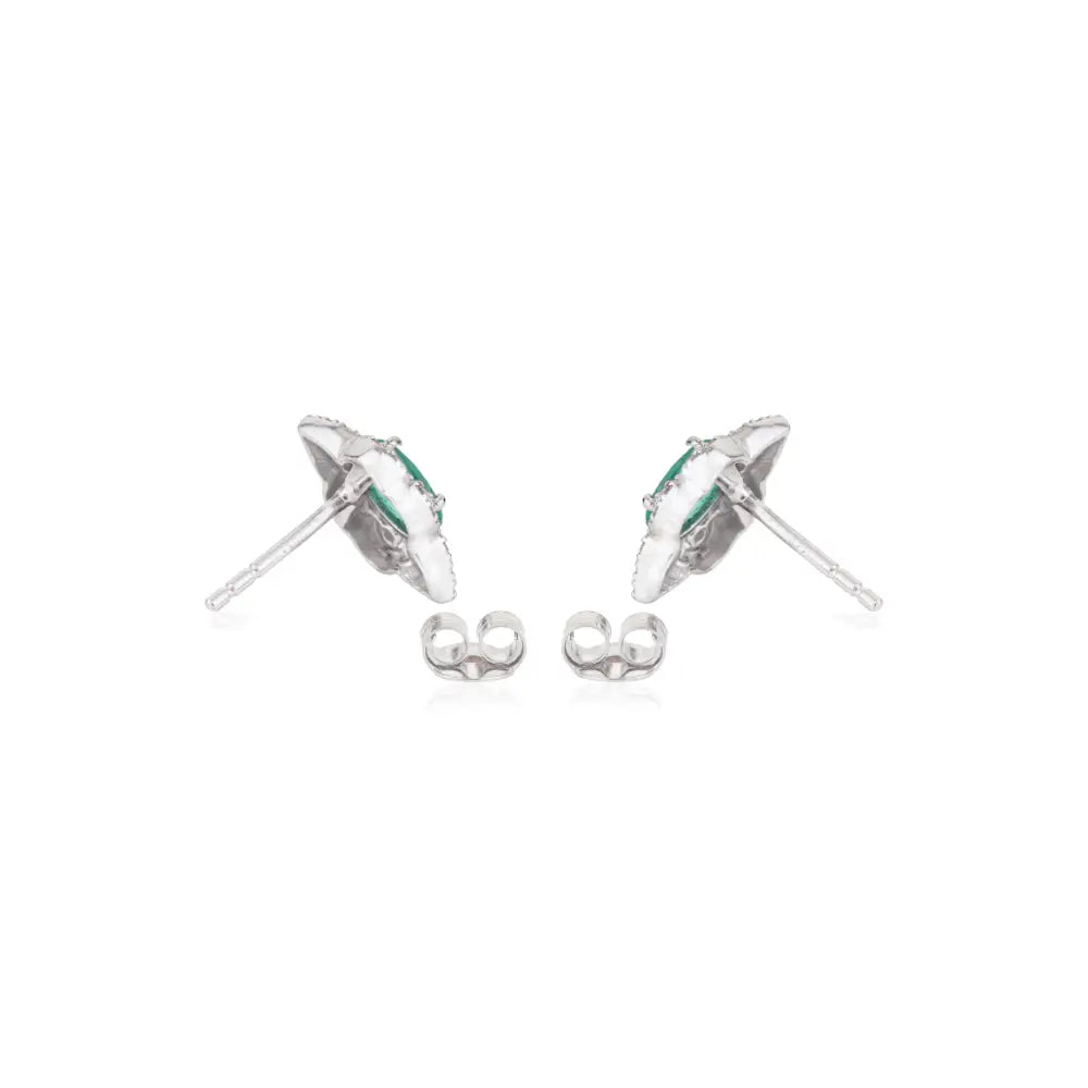 Vintage Style Gemstone Stud Earrings Featuring Emerald & Diamond K14 Real White Gold Jewelry
