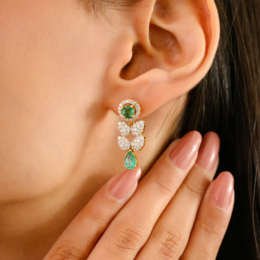 New Trendy Design 14K Gold Emerald & Diamond Drop Earrings For Women Wedding Jewelry