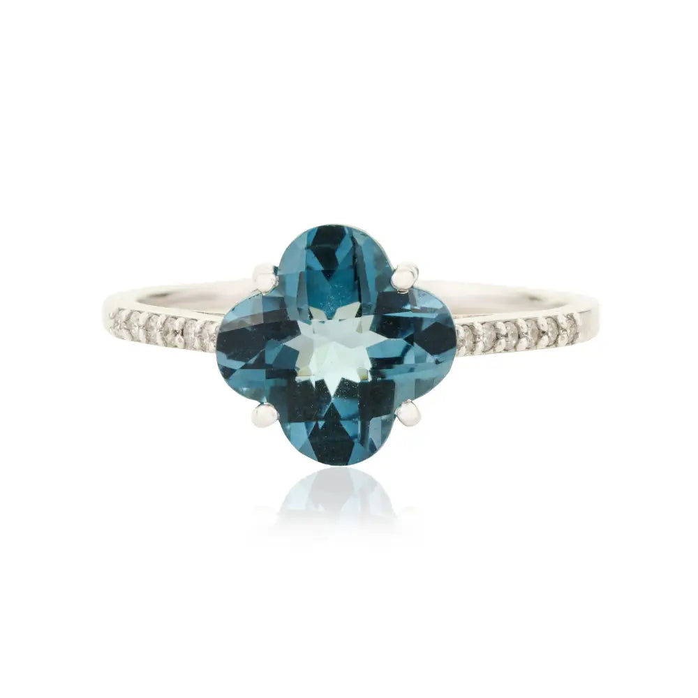 14K Real White Gold Blue Topaz & Diamond Four Leaf Clover Shape Minimal Ring Fine Jewelry