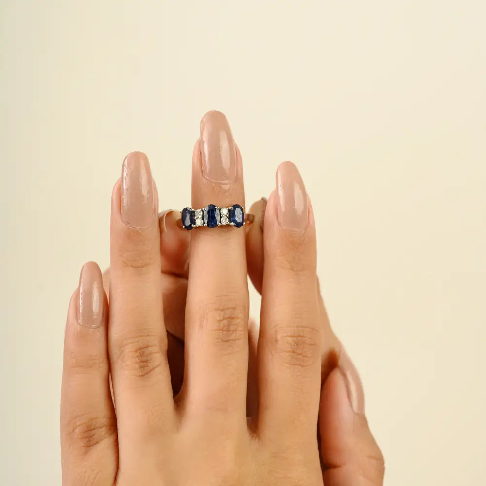 Prong Set Blue Sapphire & Diamond Latest Design 14K Gold Three Stone Ring Stack Jewelry