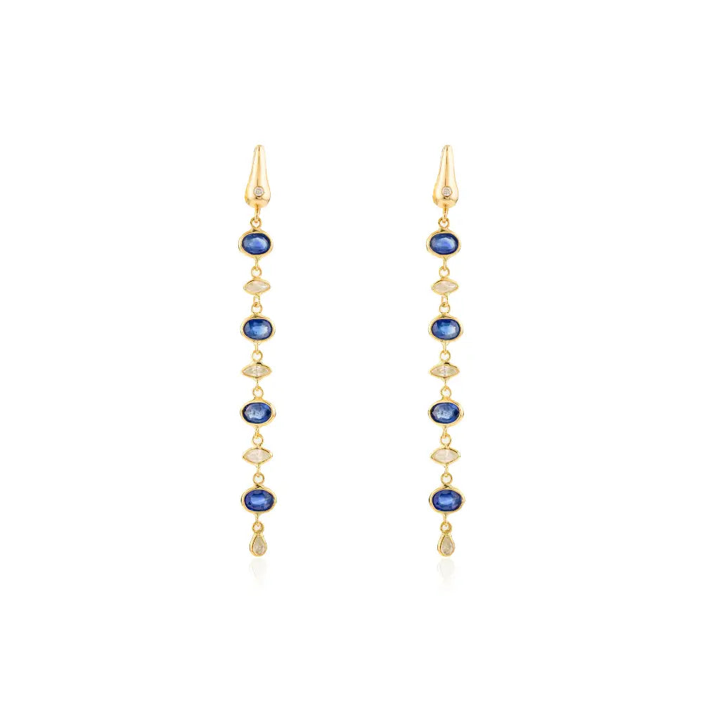 Women Wedding Jewelry Blue Sapphire & Diamond Long Dangle Earrings 18K Yellow Gold