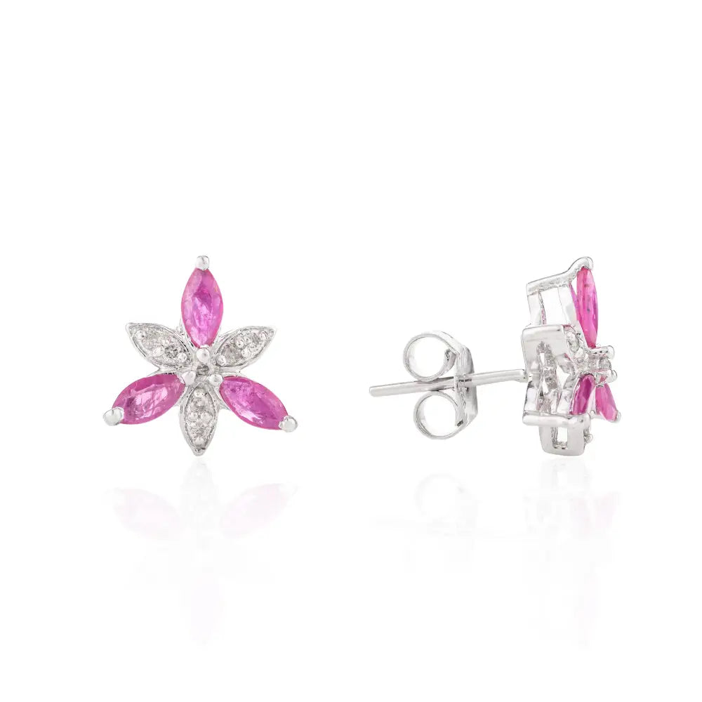 Marquise Shape Ruby & Round American Diamond Flower Shape Stud Earrings For Valentine's Day Gift