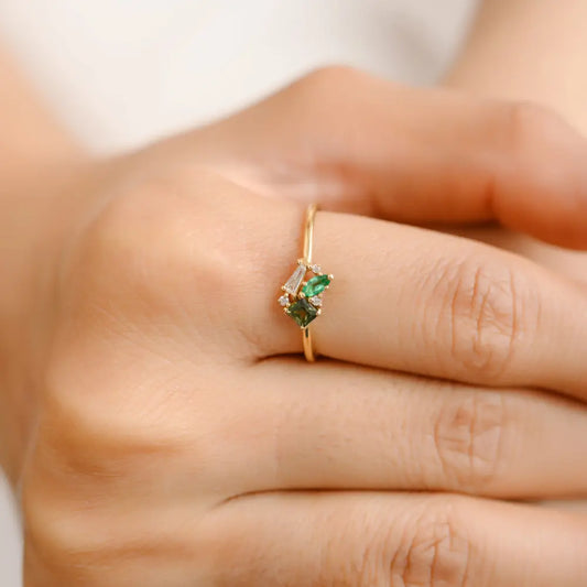 Minimal Jewelry Natural Emerald Sapphire & Diamond 18K Solid Yellow Gold Ring