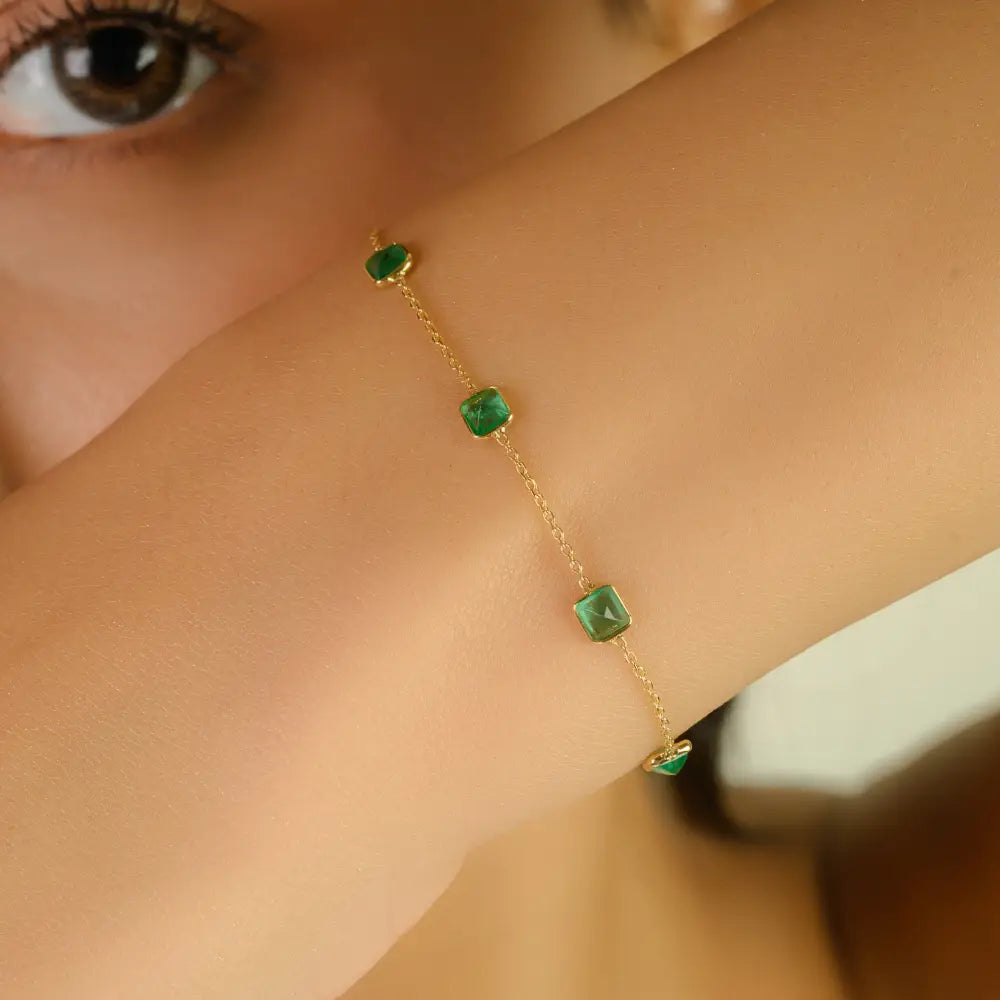 Stunning Dainty Square Cut Emerald Minimalist Chain Bracelet 18K Real Gold Everyday Jewelry