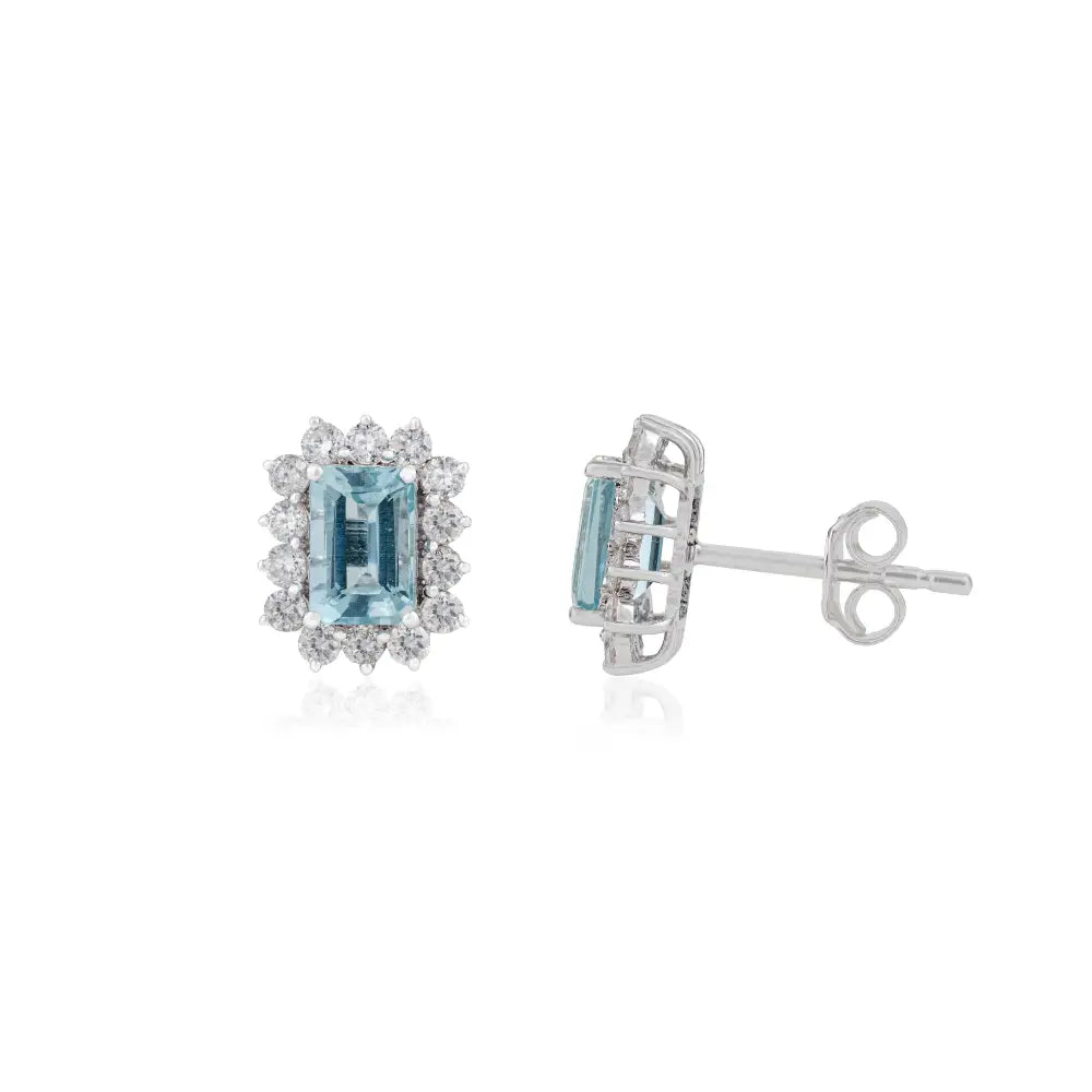 14K Real White Gold Aquamarine & Diamond Cluster Stud Earrings Bulk Handmade Jewelry