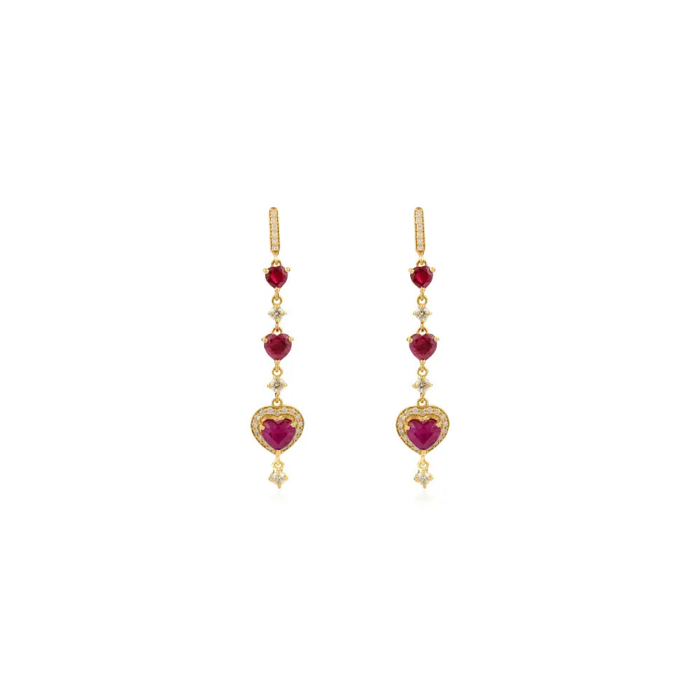 Heart Shape Ruby & Round Cut Diamond Long Dangle Earrings 18K Yellow Gold Anniversary Gift