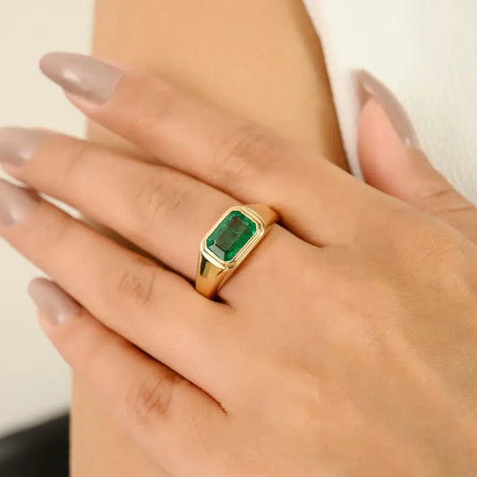 Bezel Set Zambian Emerald Trending East West Signet Ring 14K Real Yellow Gold Fine Jewelry