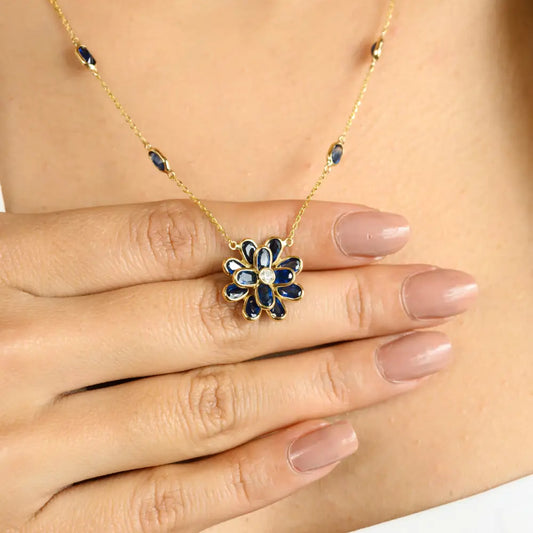 Birthstone Jewelry Solid 14K Gold Blue Sapphire & Diamond Floral Shape Pendant Necklace