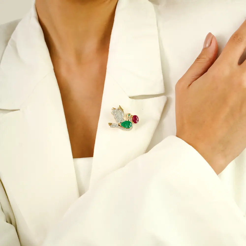 New Creative Design Emerald Ruby & Diamond Dove Brooch K14 Gold Unisex Wedding Jewelry