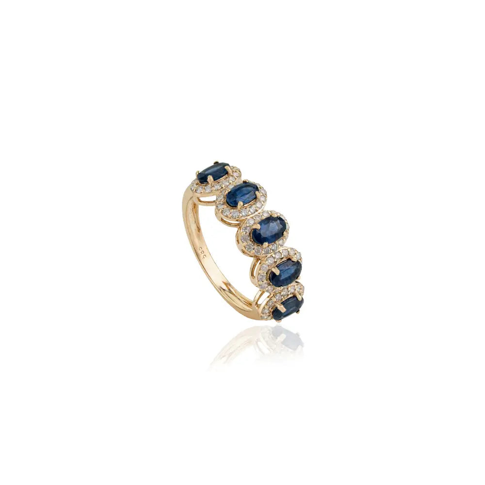 Blue Sapphire & Diamond 14K Solid Yellow Gold Five Stone Half Eternity Band Ring For Wedding