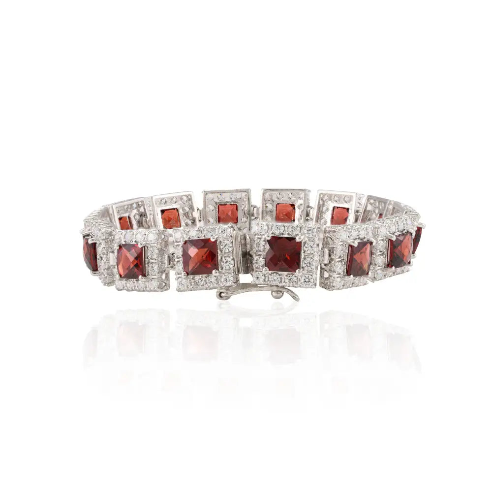 Cushion Cut Garnet & Round American Diamond Halo Tennis Bracelet Set In Pure 925 Sterling Silver