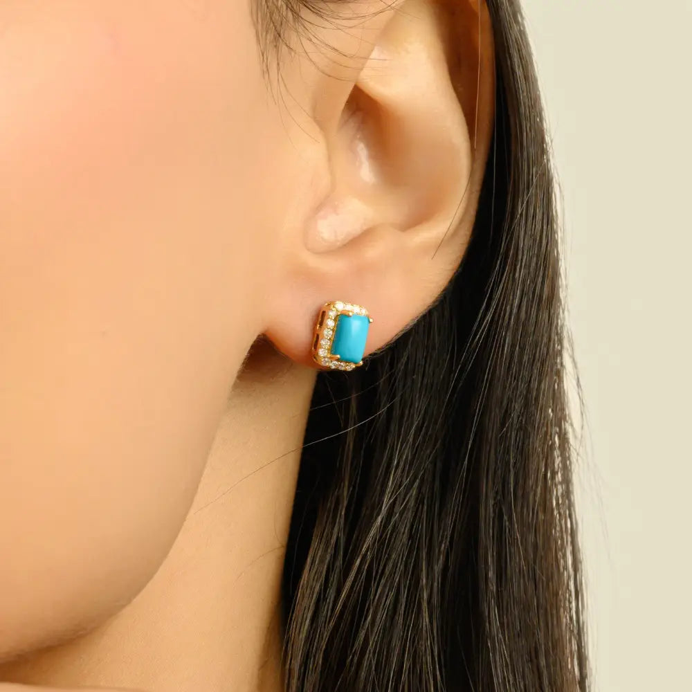 6x4 mm Turquoise & Diamond Stack Halo Cluster Stud Earrings Mother's Day Gift 18K Gold