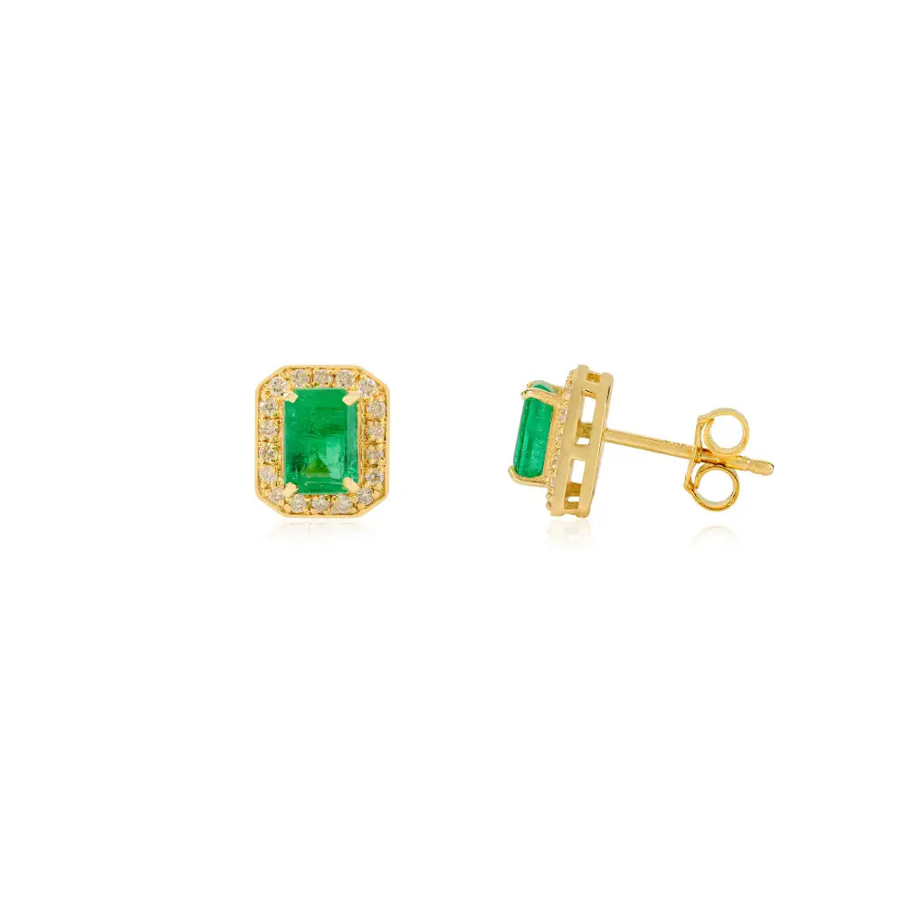 K14 Yellow Gold Octagon Shape Emerald & Diamond Push Back Halo Stud Earrings Women