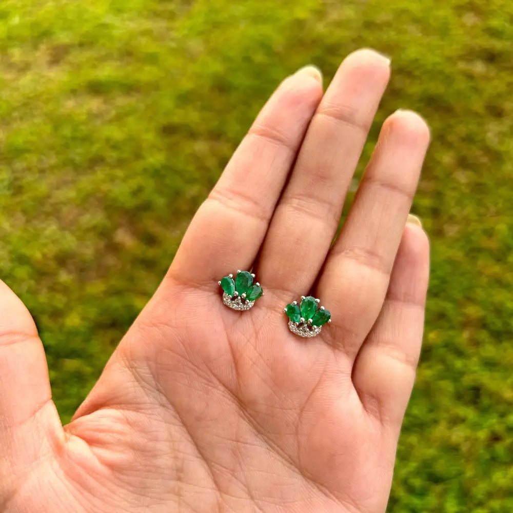 Beautiful Top Quality Emerald & American Diamond 925 Sterling Silver Small Stud Earrings For Everyday Jewelry