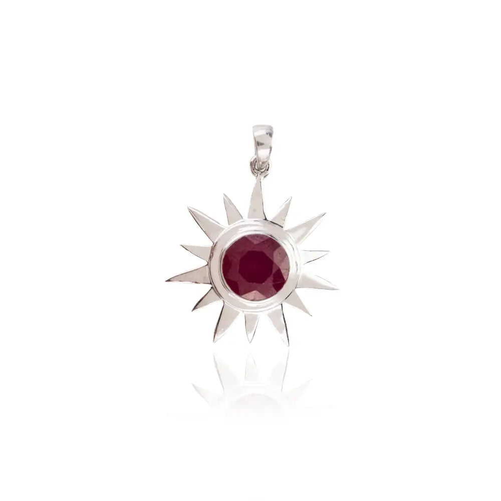 925 Solid Silver July Birthstone Genuine Round Cut Ruby Sun Shape Pendant Necklace Custom Made Jewelry