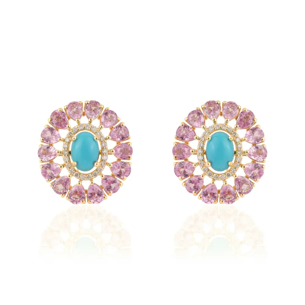 Women's Trendy 14K Yellow Gold Turquoise Pink Sapphire & Diamond Flower Stud Earrings
