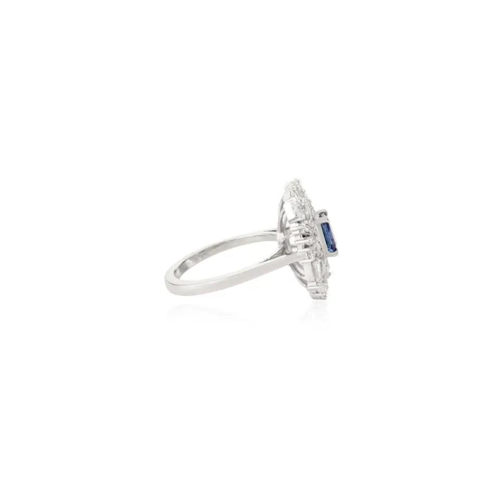 14K White Gold Blue Sapphire & Diamond Statement Ring Luxury Bold Jewelry Manufacturer