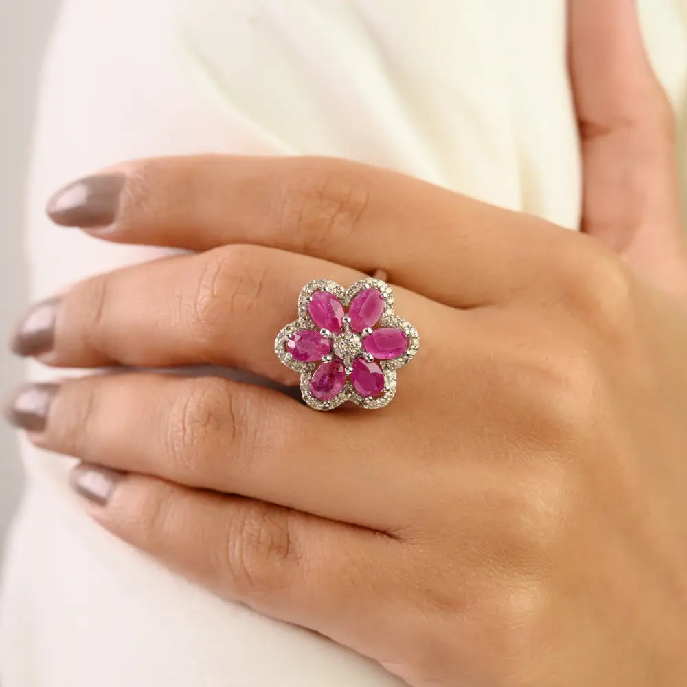 Natural Ruby and Diamond Floral Ring in 925 Sterling Silver