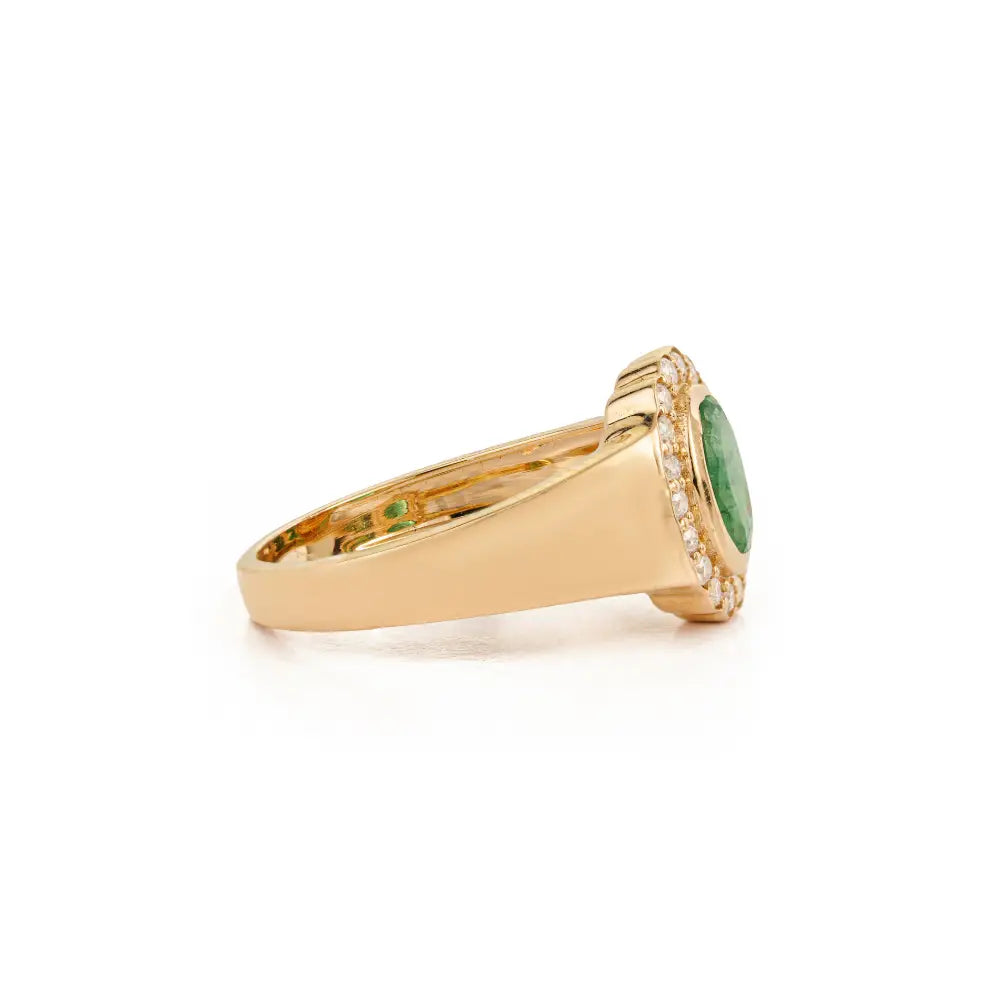 Precious Gemstone Emerald & Diamond Halo Signet Ring 14K Yellow Gold Handmade Jewelry