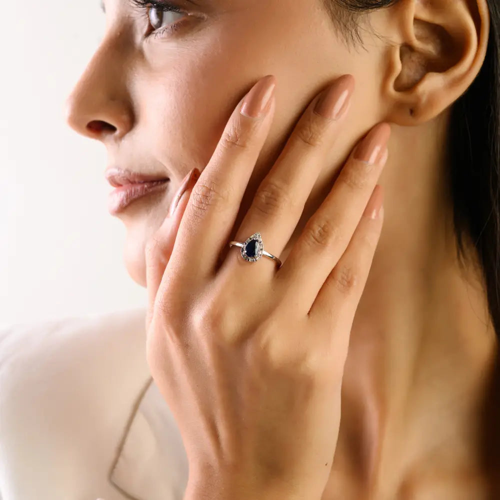 Handmade Blue Sapphire & Diamond Pear Shape Halo Stackable Ring 14K White Gold Fine Jewelry