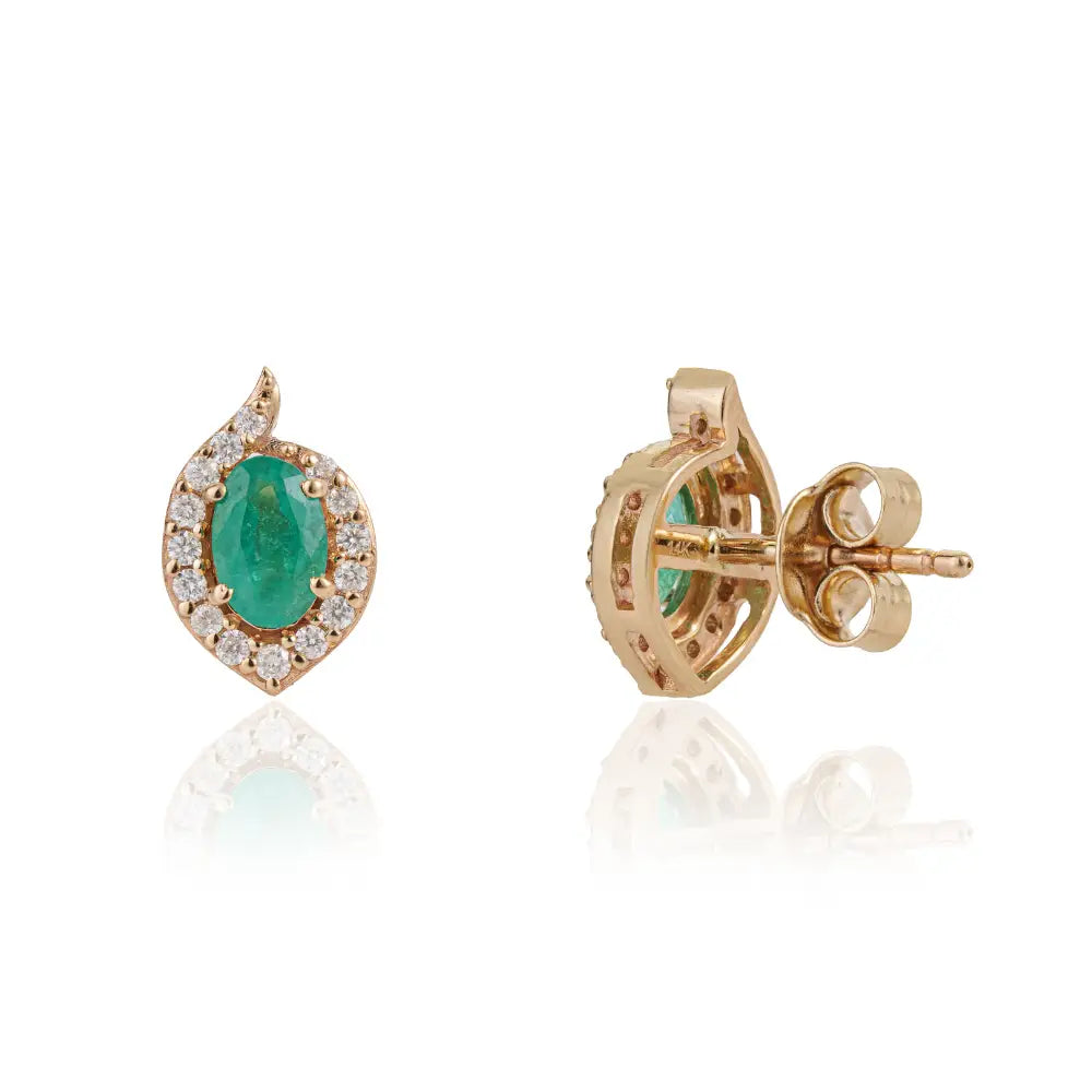 Trendy Design K14 Yellow Gold Emerald & Diamond Halo Stud Earrings For Daily Wear Jewelry