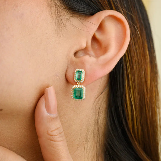 Best Quality Product Emerald & Diamond Solid Yellow Gold Dangle Earring