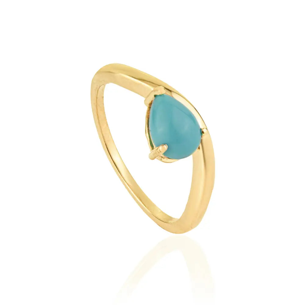 7x5 mm Pear Cut Turquoise Gemstone 18K Real Yellow Gold Wavy Curve Ring For Unisex