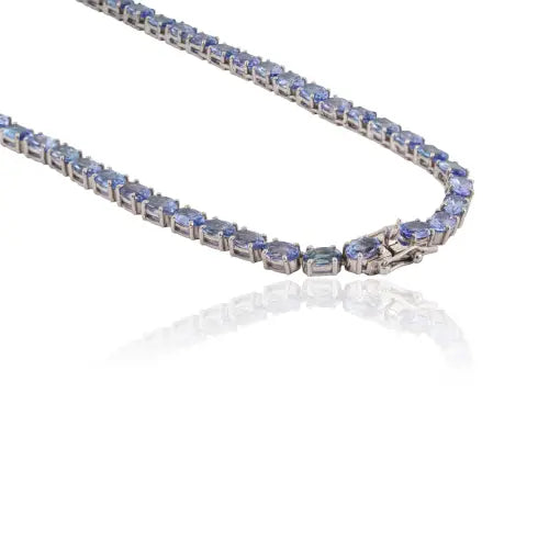 Handcrafted 925 Sterling Silver Oval Tanzanite Gemstone Tennis Necklace For Women's Fine Jewelry