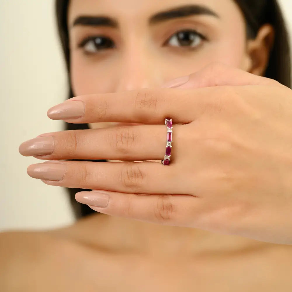 Trending Jewelry 14K White Gold Ruby & Diamond Stackable Half Band Ring Anniversary Gift