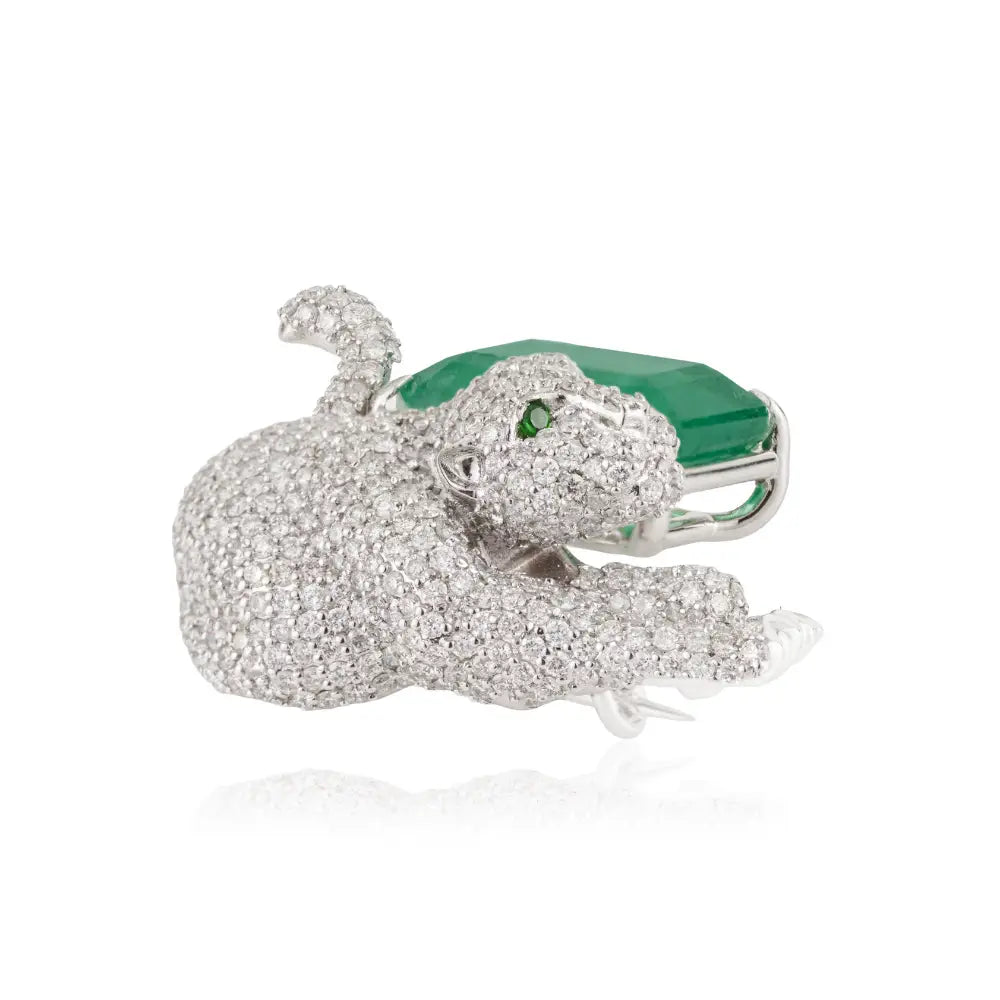 6.5 Ct. Zambian Emerald & Diamond Panther Brooch Party Wear 14K Real White Gold Jewelry