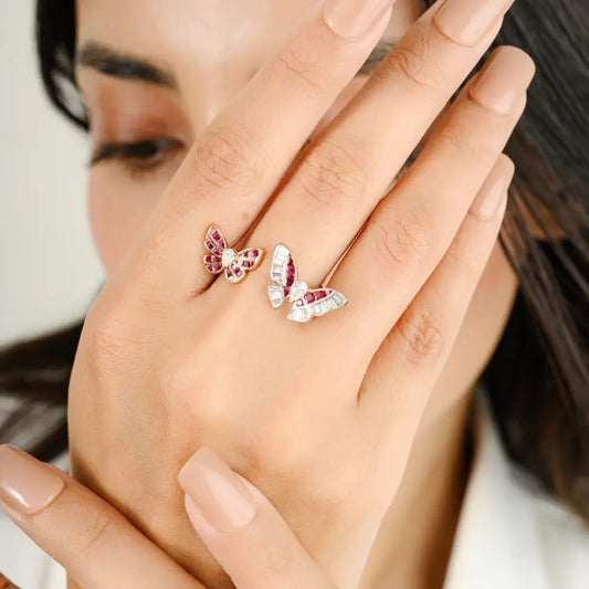 Unique Latest Design Ruby & Diamond 18K Rose Gold Twin Butterfly Open Ring For Party