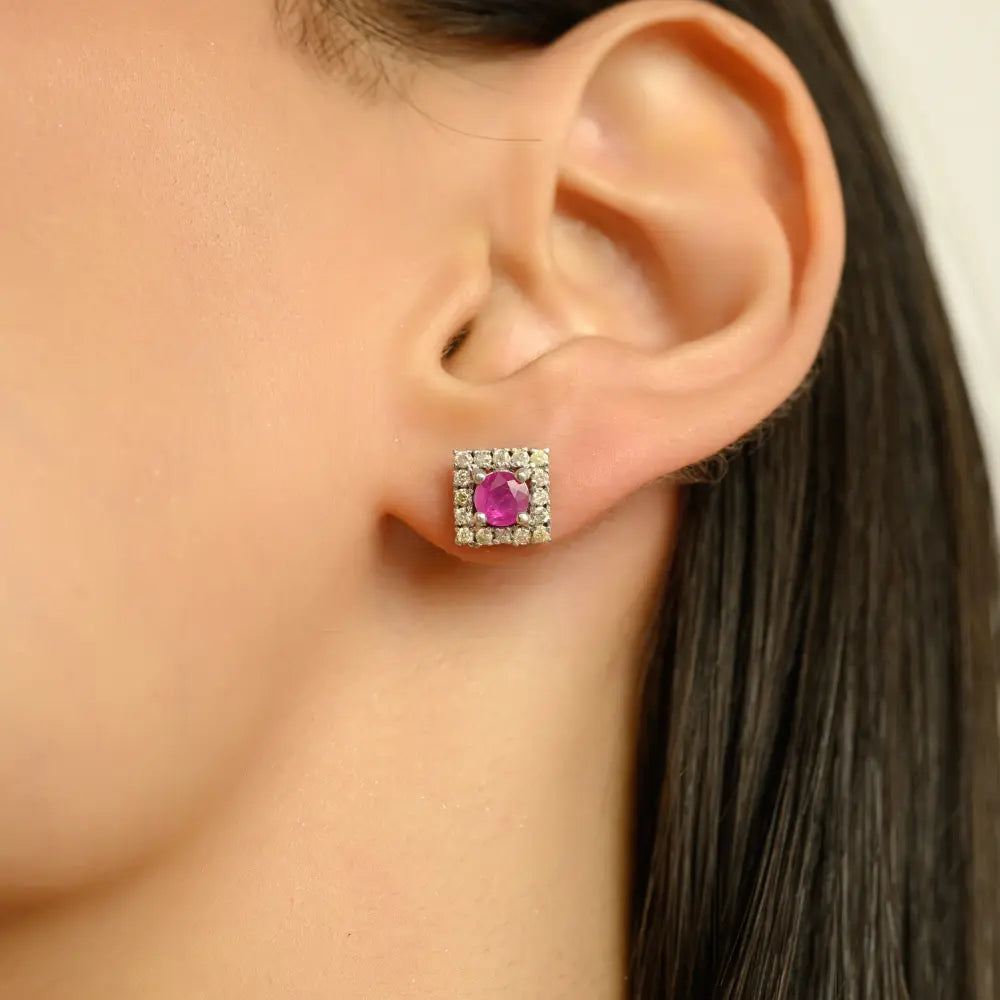Hot Selling 100% Natural Ruby & Diamond Halo Square Stud Earrings in 925 Sterling Silver