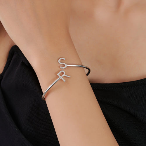 Customisable Initial Letter Pave Set Natural Diamond 925 Silver Open Cuff Bangle For Women