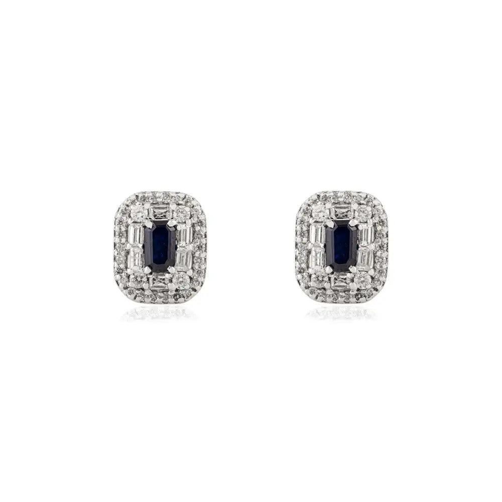 Blue Sapphire & Diamond Push Back Double Cluster Stud Earrings K14 Real White Gold Jewelry