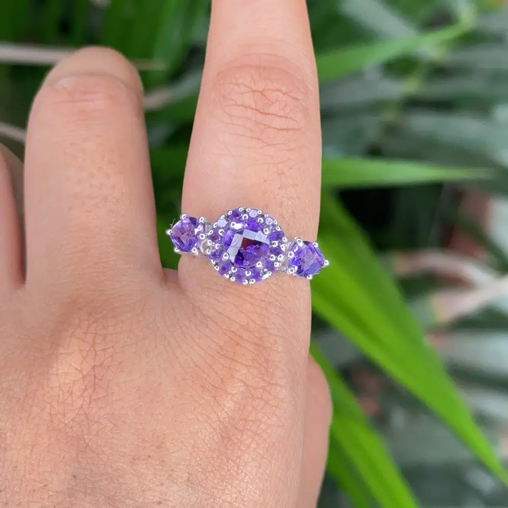 Febuary Birthstone 100% Natural Amethyst 925 Sterling Silver Cluster Ring For Women