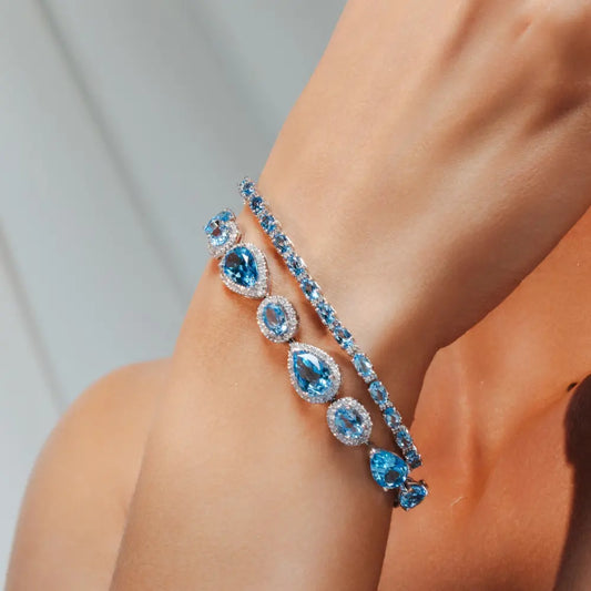 Fashion Jewelry Natural Blue Topaz & Diamond 14K Solid White Gold Tennis Bracelet