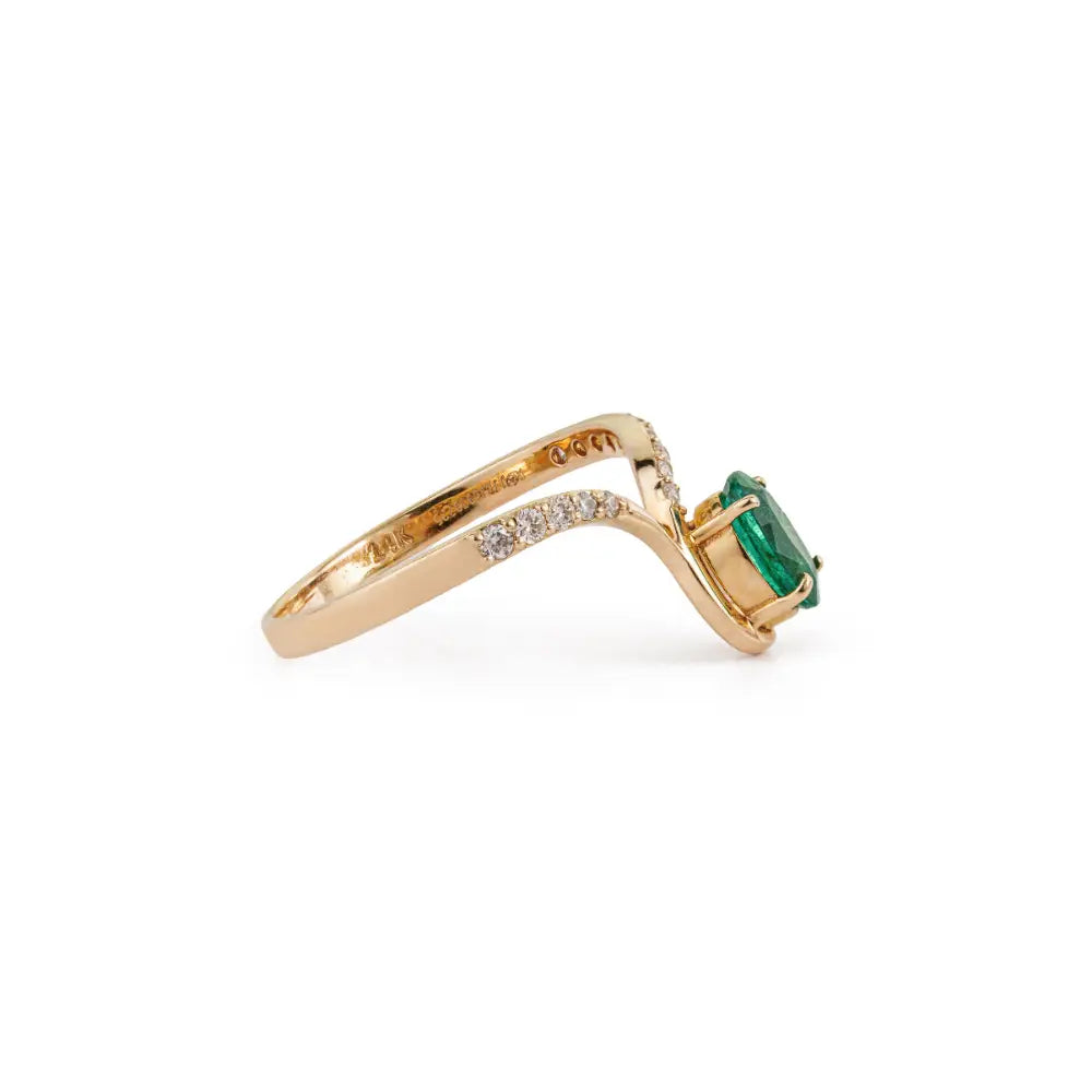 Unique Design Emerald & Diamond Handmade V Shape Chevron Ring Wedding 14K Gold Jewelry