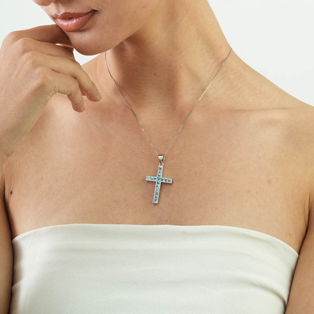 Princess Cut Natural Blue Topaz Gemstone 925 Sterling Silver Unisex Cross Pendant Fine Jewelry