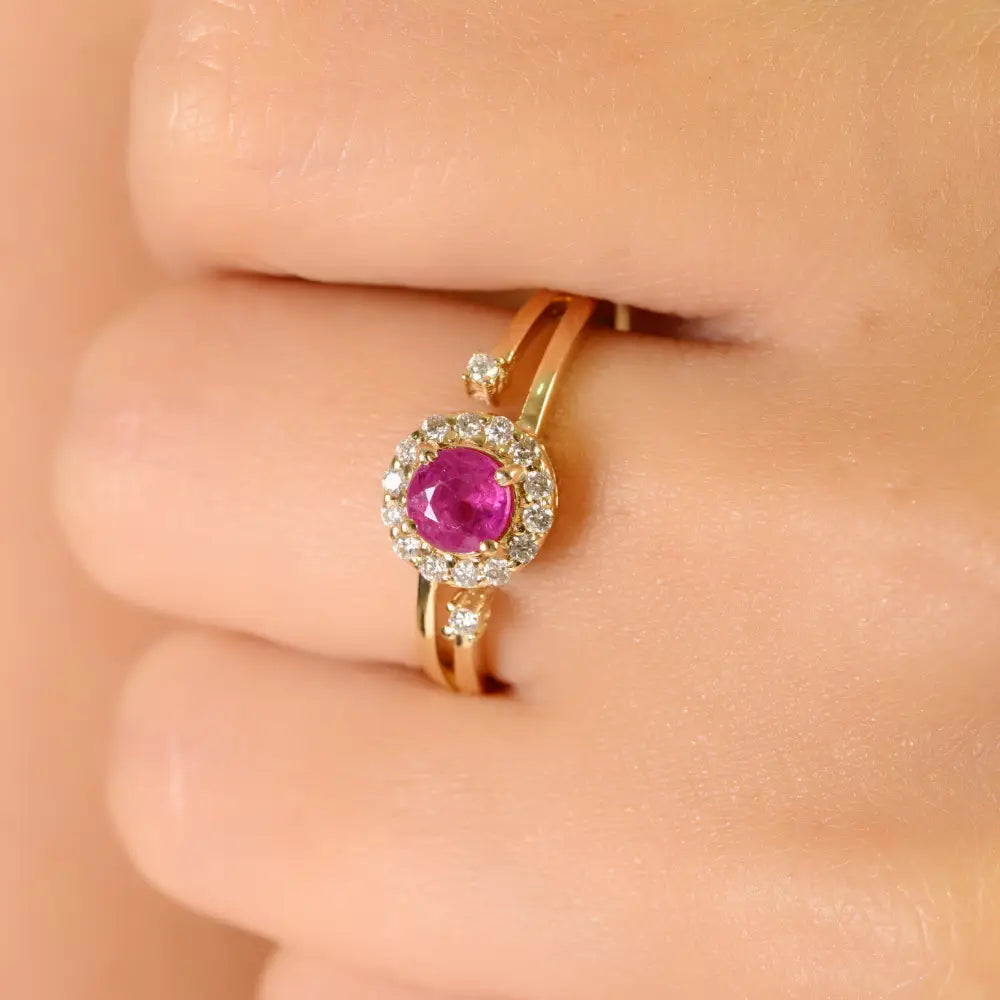 Real Round Ruby & Diamond Cluster Split Shank Ring For Women 14K Yellow Gold Gift For Wife