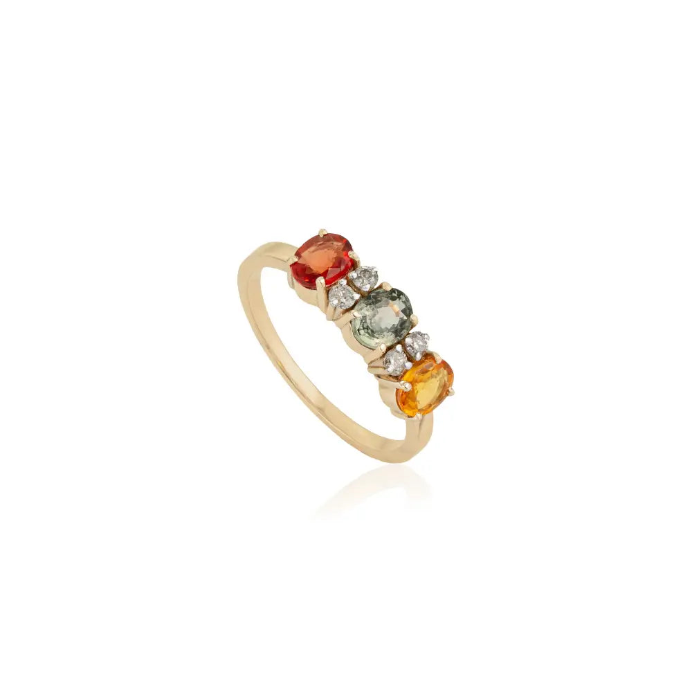 Minimal Simply Multi Sapphire & Diamond Fine Three Stone Ring Pure 14K Yellow Gold Jewelry