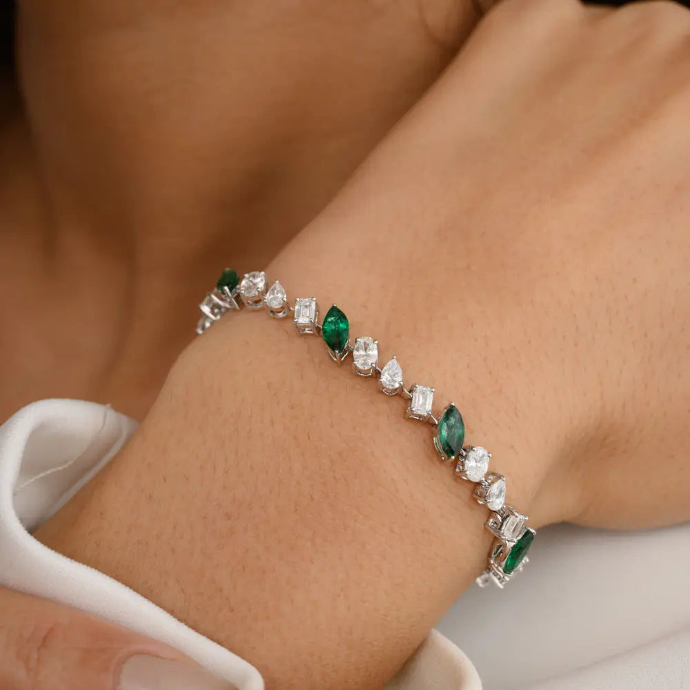 Wholesale Jewelry 18K White Gold Emerald & Diamond Tennis Bracelet