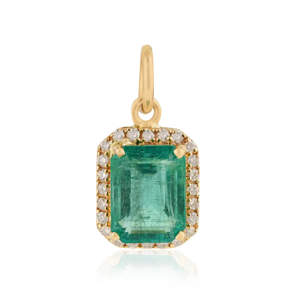 Trending Design 14K Yellow Gold Emerald & Diamond Halo Pendant May Birthstone Jewelry