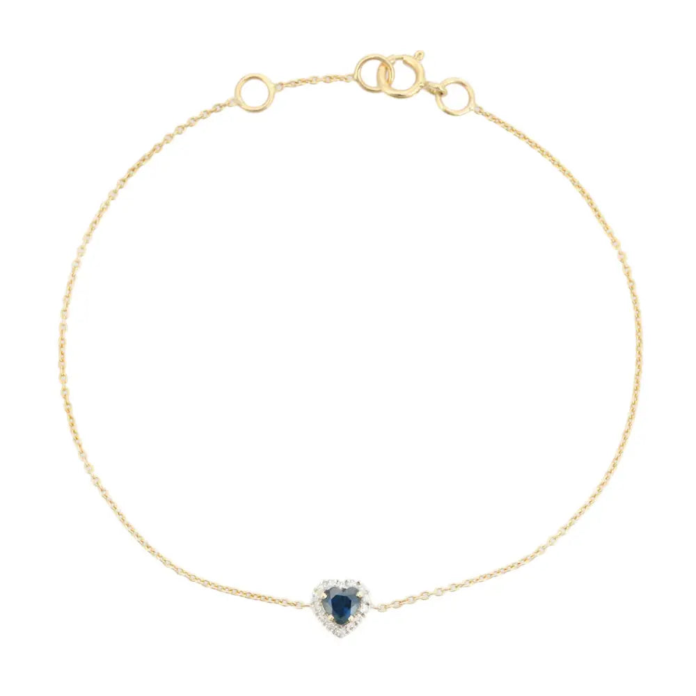 Prong Set Blue Sapphire & Diamond Heart Shape Halo Solitaire Bracelet 14K Yellow Gold Jewelry