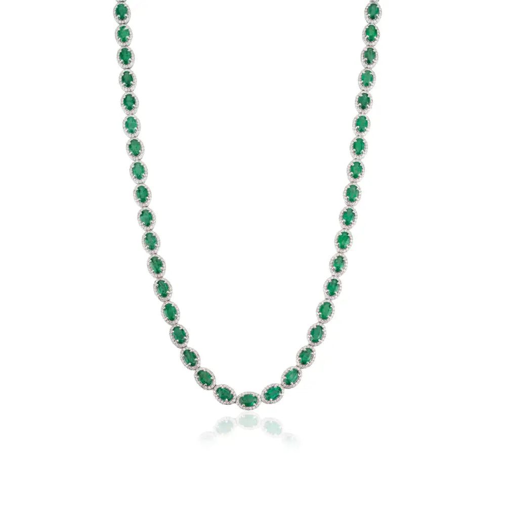 22.11 Ct. Emerald & Diamond K14 Real White Gold Fine Halo Tennis Necklace Wedding Jewelry