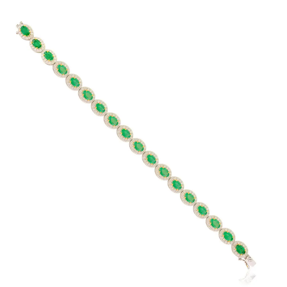 Luxurious High Quality Emerald & Diamond 18K Solid Two Tone Gold Halo Tennis Bracelet