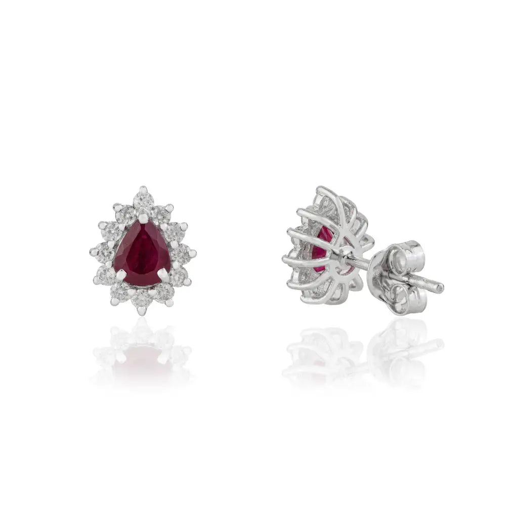 Stunning 18K Real White Gold Ruby & Diamond Pear Shape Cluster Stud Earrings For Women