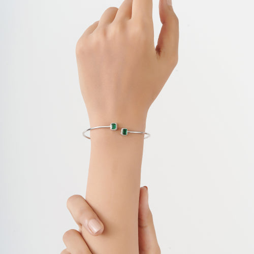 925 Silver Two Stone Natural Emerald & Diamond Halo Open Cuff Bangle For Women