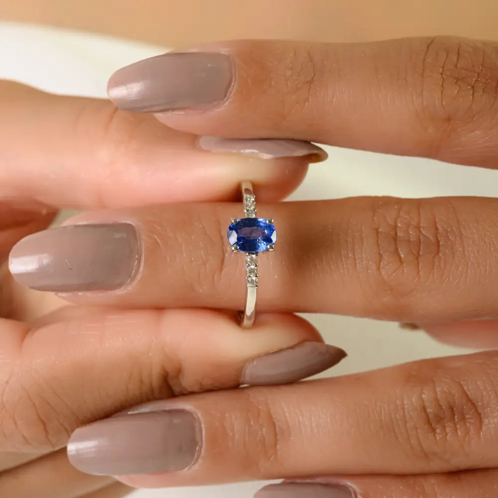 Simple Elegant Blue Sapphire & Diamond 14K White Gold Stackable Gemstone Ring For Women